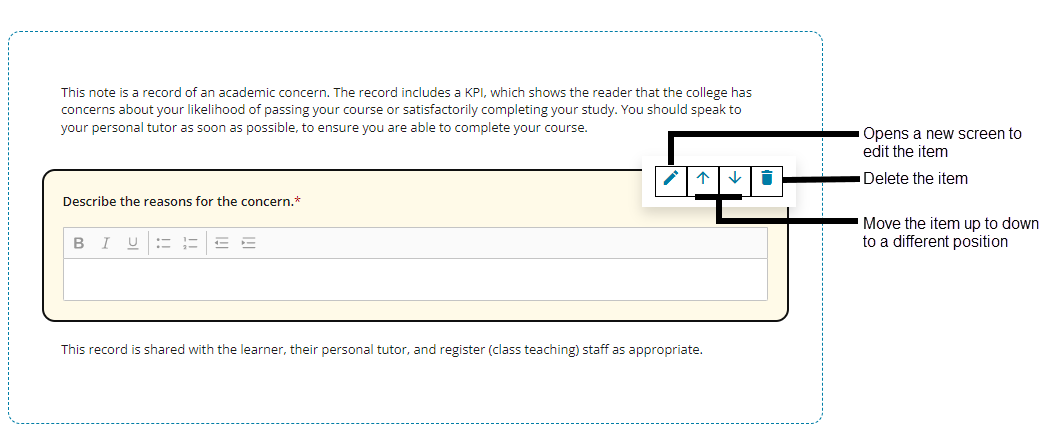 Template builder with an element highlighted and lablles on the buttons - edit, move and delete